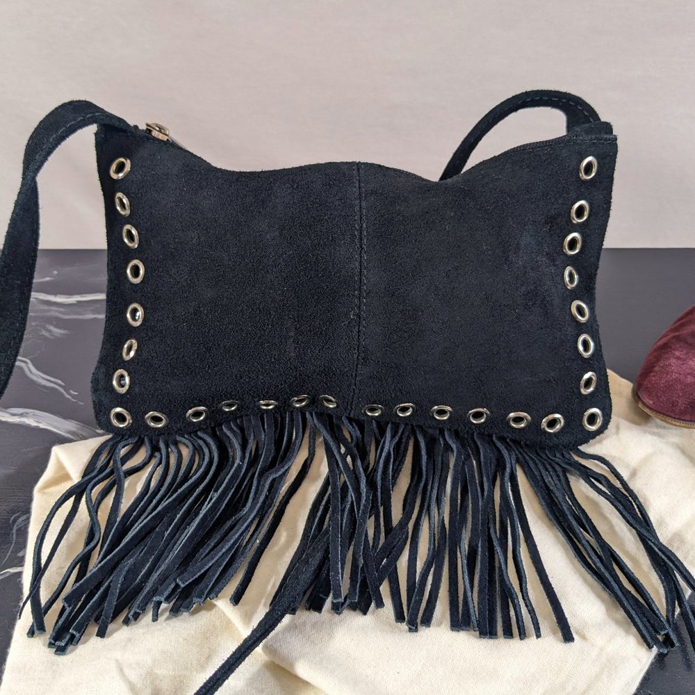 SOLD Black Suede Fringe Crossbody Purse with Grommets